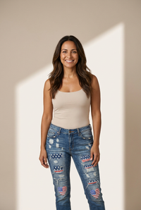 Women's Sky Blue Heart Flag Patch Frayed Jeans with American Flair