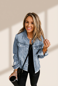Women's Sky Blue Lapel Distressed Raw Hem Buttons Denim Jacket