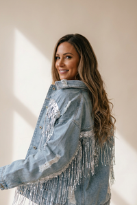 Women's Sky Blue Sequin Fringe Distressed Denim Jacket