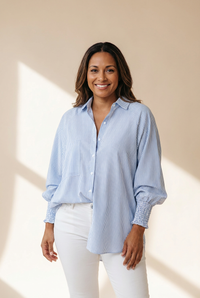 Women's Sky Blue Smocked Cuff Striped Boyfriend Shirt