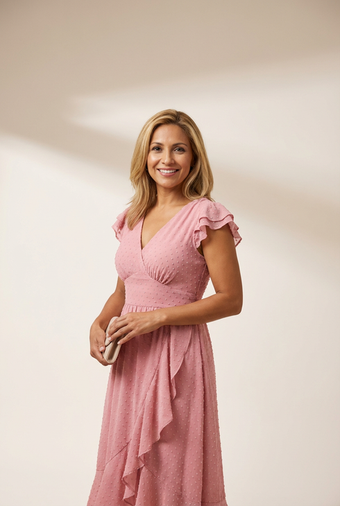 Women's V-Neck Ruffle Sleeve Swiss Dot Midi Dress