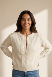 Women's Lace-Panel Button-Front Long Sleeve Knit Blouse