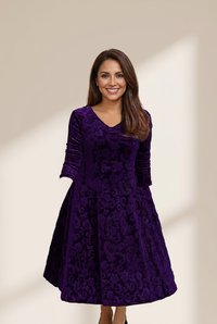 
Women's Damask Velvet V-Neck A-Line Maxi Dress in Deep Plum