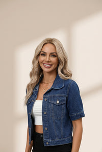 Tailored Short Sleeve Denim Jean Jacket in Classic Indigo