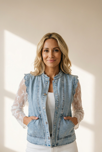 women's stylish women's beau blue denim vest with scalloped trim and patch pockets - perfect button-up for casual summer looks with practical styling