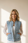 Stylish Women's Beau Blue Denim Vest with Scalloped Trim & Patch Pockets - Perfect Button-Up for Casual Summer Looks