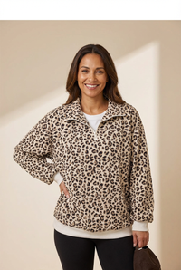 Women's Stylish Women's Beige Leopard Print Corduroy Sweatshirt - Cozy Quarter Zip for Casual Chic Comfort