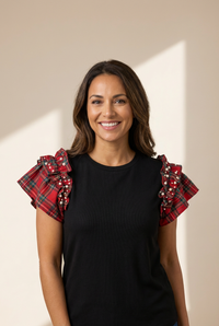 stylish women's black plaid short sleeve t-shirt with pearl ruffles effortless loose fit for everyday chic with practical styling and dependable