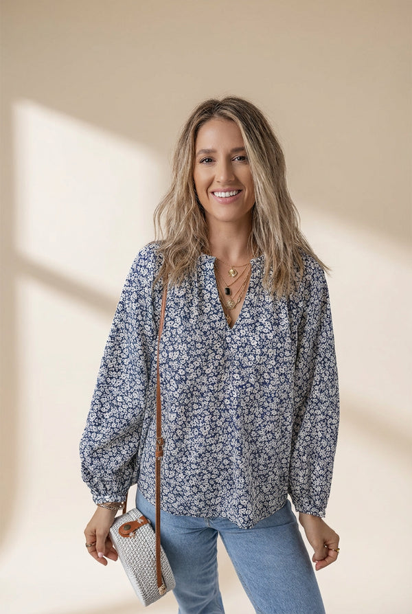 stylish women's blue floral puff sleeve blouse with notched v-neck - comfortable summer top for effortless chic made for easy styling and wardrobe