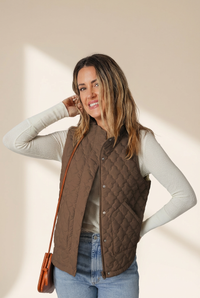 Floral Quilted Vest in Dark Brown with Snap Closures with practical styling and dependable silhouette control.