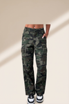 stylish women's green camouflage loose fit pants with button flap pockets and trendy patch accents made for easy styling and wardrobe coordination,
