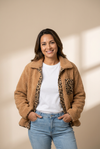 Leopard Accent Camel Sherpa Jacket with Patch Pockets | MsDressly