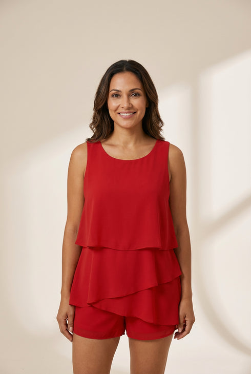 Women's Tiered Chiffon Two-Piece Short Set with Scoop Neck Tank made for easy styling and wardrobe coordination, with premium-like structure and