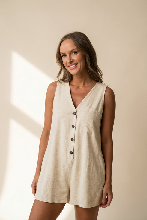 Women's Linen-Blend Button-Front Romper in Jumpsuits & Rompers