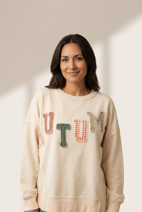 Women's Beige Autumn Patchwork Letter Pullover Sweatshirt