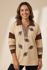 Women's Sequined Football Polo Sweatshirt with Striped Patchwork