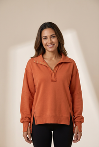 Women's Cotton-Blend High-Low Polo Sweatshirt with Snap Collar