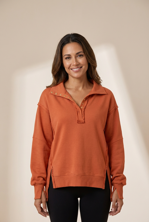 Women's Cotton-Blend High-Low Polo Sweatshirt with Snap Collar