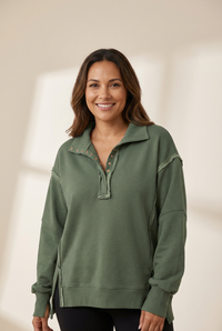 Women's Moss Green Cotton-Blend Button Collar High-Low Sweatshirt