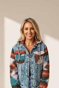 Trendy Women's Multicolor Aztec Print Denim Jacket with Frayed Hem Stylish Casual Fall Outerwear for Layering made for easy styling and wardrobe