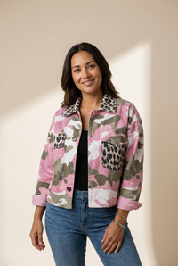 Trendy Women's Pink Camo Leopard Patchwork Crop Jacket with Flap Pockets Casual Stylish Outerwear for Unique Fashion made for easy styling and