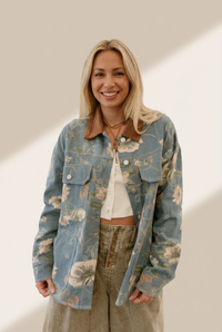 Trendy Women's Sky Blue Floral Denim Jacket with Contrast Corduroy Collar - Stylish Patchwork for Fashionable Looks made for easy styling and wardrobe