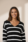 Striped V-Neck Viscose Blend Slit Sleeve Sweater | MsDressly
