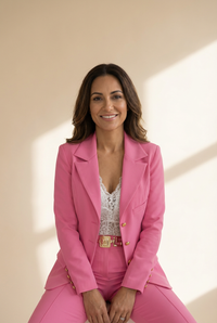 sophisticated pink double-breasted blazer and slim pants set made for easy styling and wardrobe coordination, with premium-like structure and