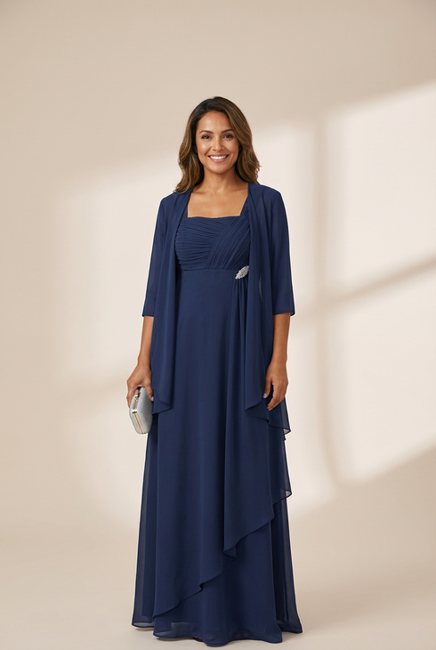 Women's Two-Piece Square Neck Chiffon A-Line Mother of the Bride Dress