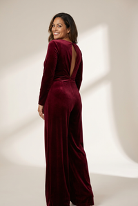 Women's Velvet Wide-Leg Open Back Jumpsuit in Burgundy