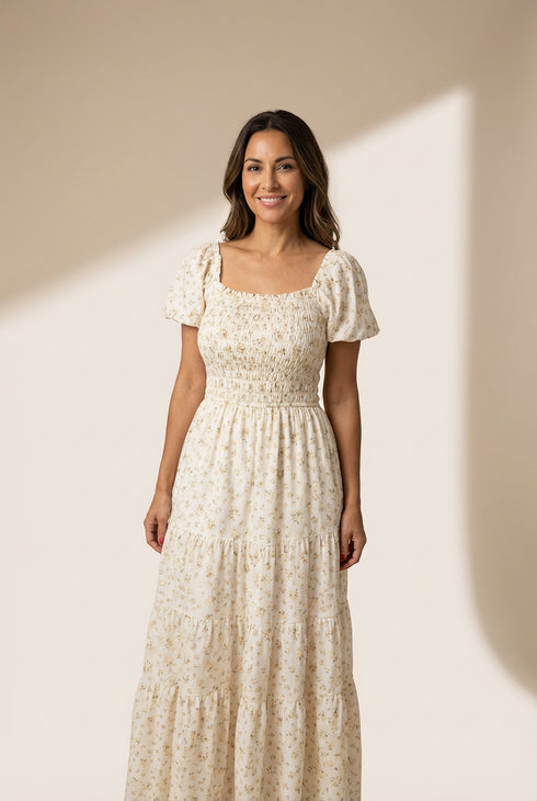 Women's Floral Tiered White Maxi Dress with Shirred Bodice