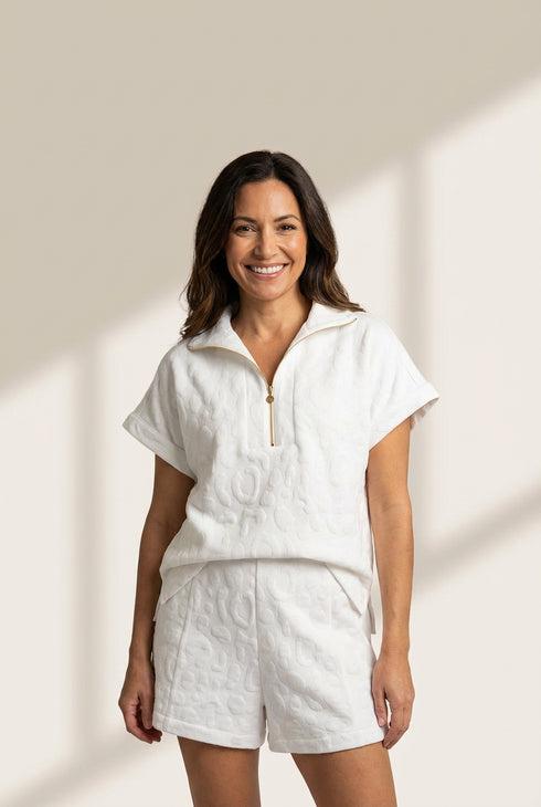 Women's White Leopard Jacquard Quarter Zip Tee and Shorts Set