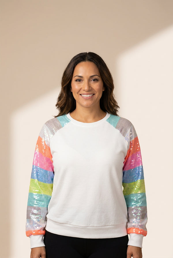 Women's White Sequin Color Block Casual Sweatshirt with Raglan Sleeves