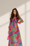 Women's Fashion Print V Neck Long Sleeve Midi Dress