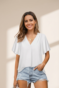 Women's Solid Color V-Neck Chiffon Loose Short Sleeve T-Shirt