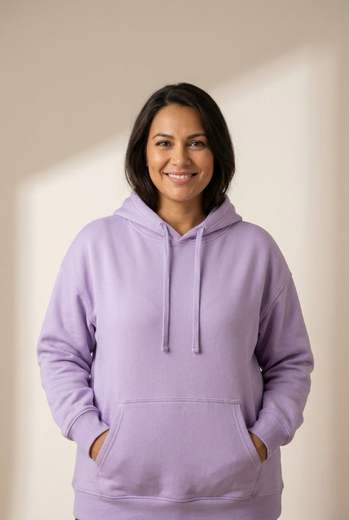 women's relaxed lavender cotton-blend hoodie with kangaroo pocket made for easy styling and wardrobe coordination, with premium-like structure and