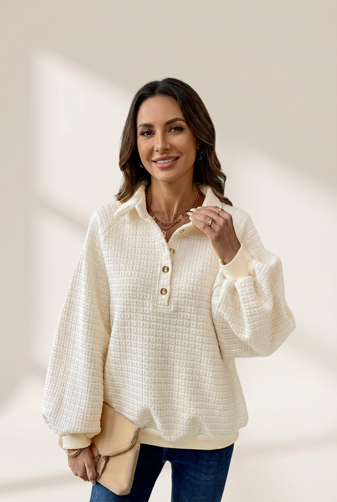 Beige Pineapple Textured Half Button Collared Sweatshirt