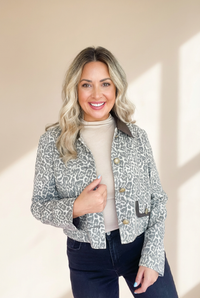 Women's Black Leopard Print Jacket with Button Flap, Contrast PU Leather Collar, Stylish Patchwork Design made for easy styling and wardrobe