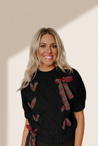 women's black plaid puff sleeve sweater with lace-up detail - stylish holiday top for festive occasions with practical styling and dependable