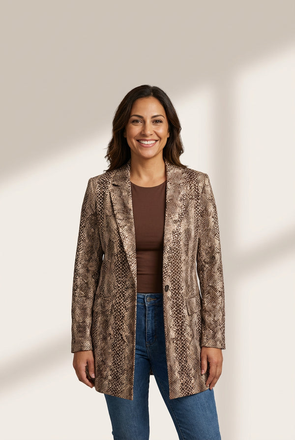 Women's Brown Snake Print Longline Slim Blazer with Lapel