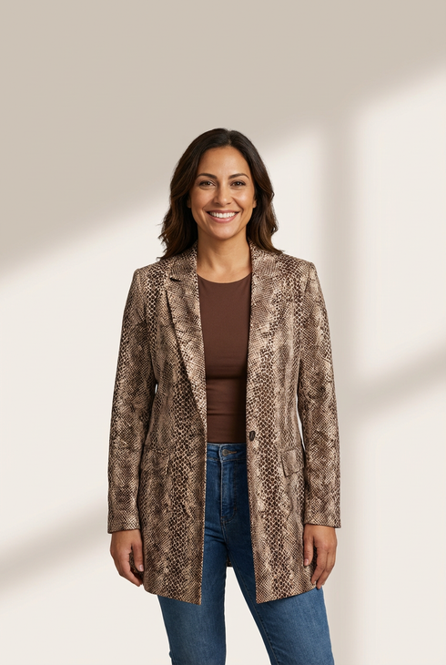 Women's Brown Snake Print Longline Slim Blazer with Lapel