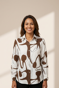 Women's Long Sleeve Stand Collar Button Printed Blouse