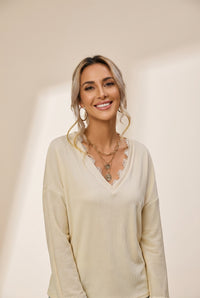 Women's Lace-Trimmed Ribbed V-Neck Blouse with Bell Sleeves