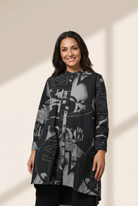 Women's Size Curve Blouses Stand Collar Fashion Printed Long Sleeve Blouse
