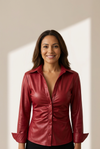 Women's V-Neck Buttoned PU Leather Top with Long Sleeves