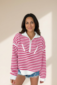 Women's Casual Chic Pink Stripe Zip-Up Sweater with Drop Shoulder Design for Effortless Style and Comfort made for easy styling and wardrobe