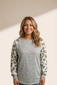 Women's Gray Melange Leopard Raglan Sleeve Top
