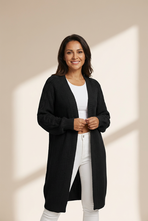 Women's Open-Front Cable Knit Longline Cardigan Coat