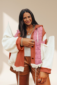 women's coral quilted hooded jacket - textured patchwork design, loose fit, easy and wearable outerwear made for easy styling and wardrobe with