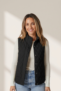 Women's Black Scalloped Quilted Vest with Dual Zip-Snap Closure made for easy styling and wardrobe coordination, with premium-like structure and